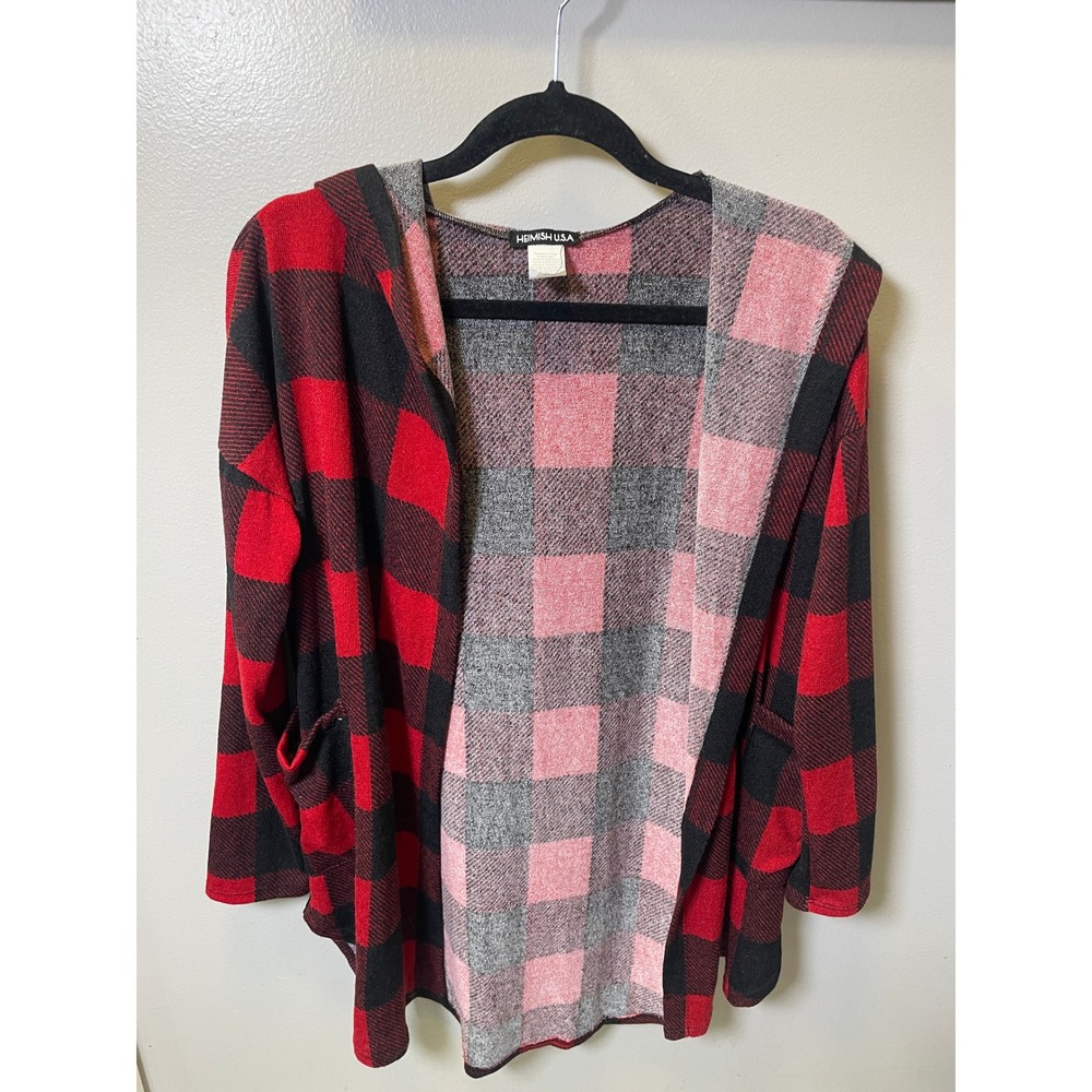 Heimish USA Womens Red Black Buffalo Plaid Hooded Open Front Cardigan  M